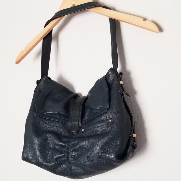 B. Makowsky Navy Blue Black Genuine Leather Shoulder Bag Gold Hardware Hobo Y2K - Picture 7 of 16